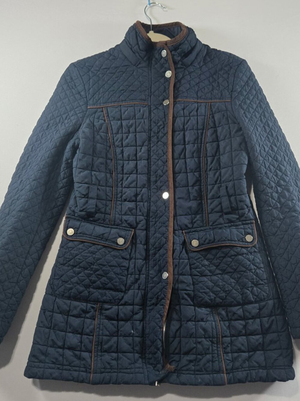 Sacha Pacha Women’s Quilted Coat Size M Navy Blue Brown Trim Fleece Lined Jacket